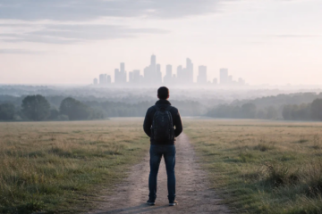 Person standing on a path looking toward a distant city skyline representing starting affiliate marketing with no audience