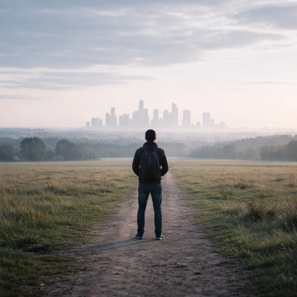 Person standing on a path looking toward a distant city skyline representing starting affiliate marketing with no audience