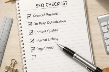 Notebook with SEO checklist showing keyword research, on-page optimization, content quality and internal linking tasks