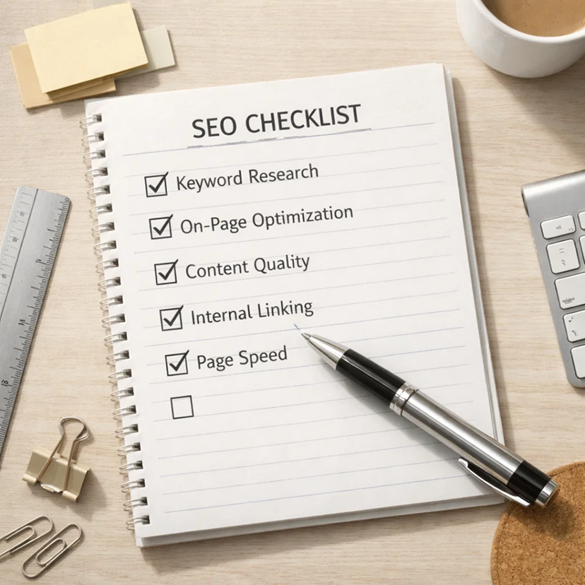Notebook with SEO checklist showing keyword research, on-page optimization, content quality and internal linking tasks