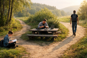 Three people at a forked path in nature choosing different directions, representing different user intents and decision paths