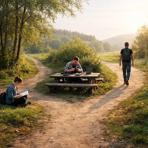 Three people at a forked path in nature choosing different directions, representing different user intents and decision paths
