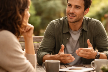 Two people having a relaxed conversation at a table with coffee, one explaining something while the other listens attentively
