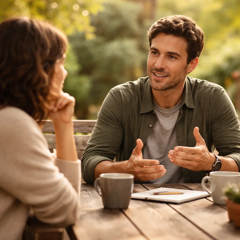 Two people having a relaxed conversation at a table with coffee, one explaining something while the other listens attentively
