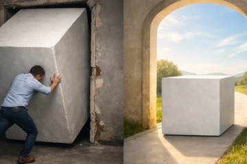 Person pushing a large block through a narrow doorway compared to the same block easily fitting through a wide open archway