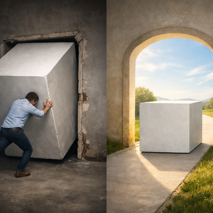 Person pushing a large block through a narrow doorway compared to the same block easily fitting through a wide open archway
