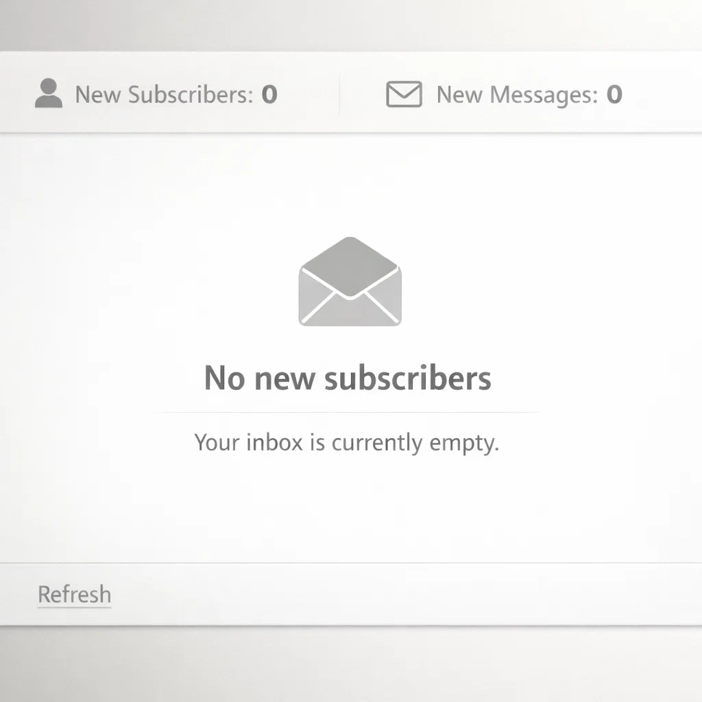 Empty inbox showing zero new subscribers and messages representing lack of email list growth