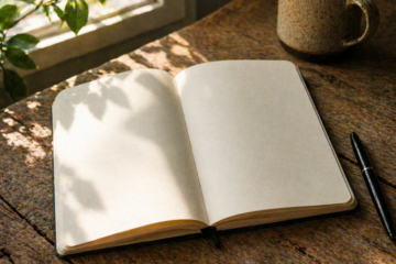 Open blank notebook with a pen on a wooden table in soft natural light, representing a moment of writer’s block and creative pause