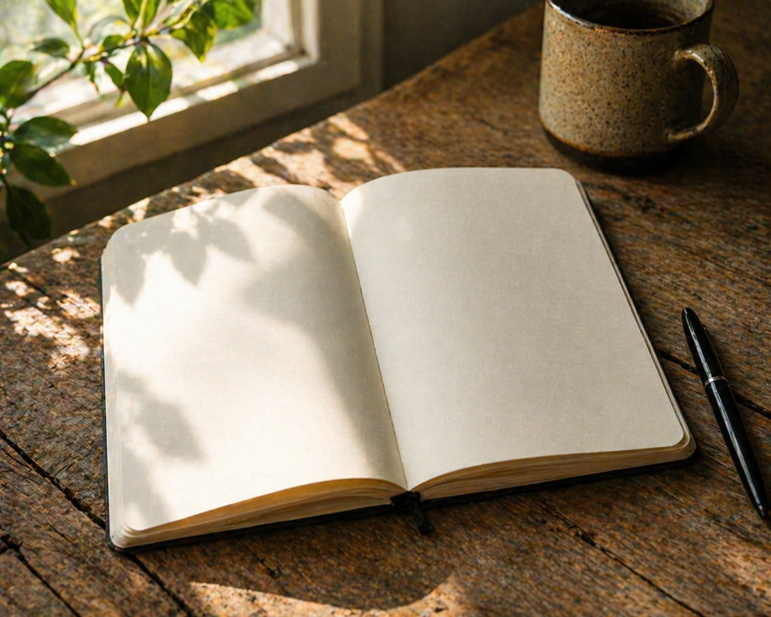 Open blank notebook with a pen on a wooden table in soft natural light, representing a moment of writer’s block and creative pause
