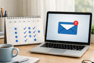 Desk setup with calendar schedule and laptop showing email notification representing consistent email sending