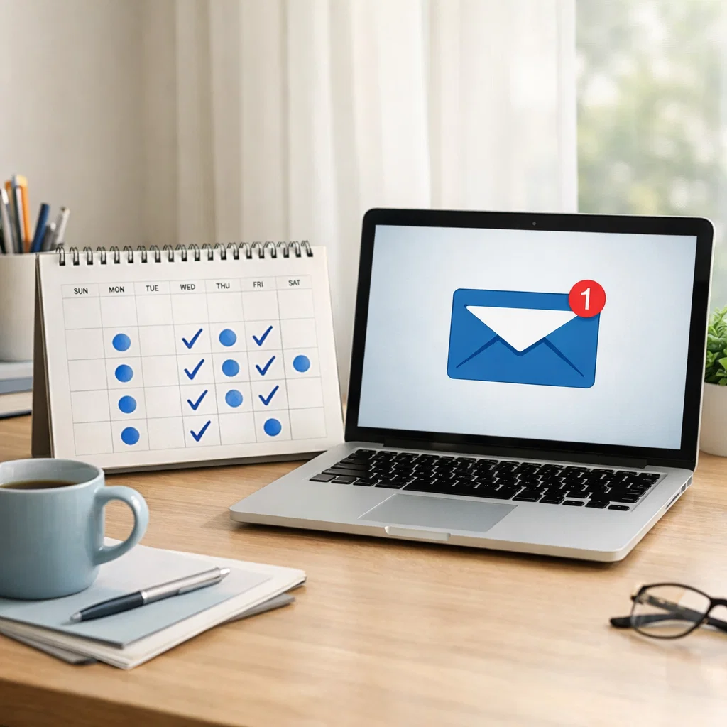 Desk setup with calendar schedule and laptop showing email notification representing consistent email sending