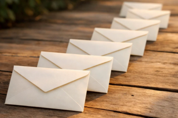 A row of envelopes arranged in a sequence on a wooden surface representing a structured email sequence