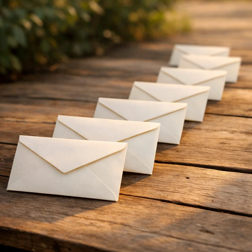 A row of envelopes arranged in a sequence on a wooden surface representing a structured email sequence
