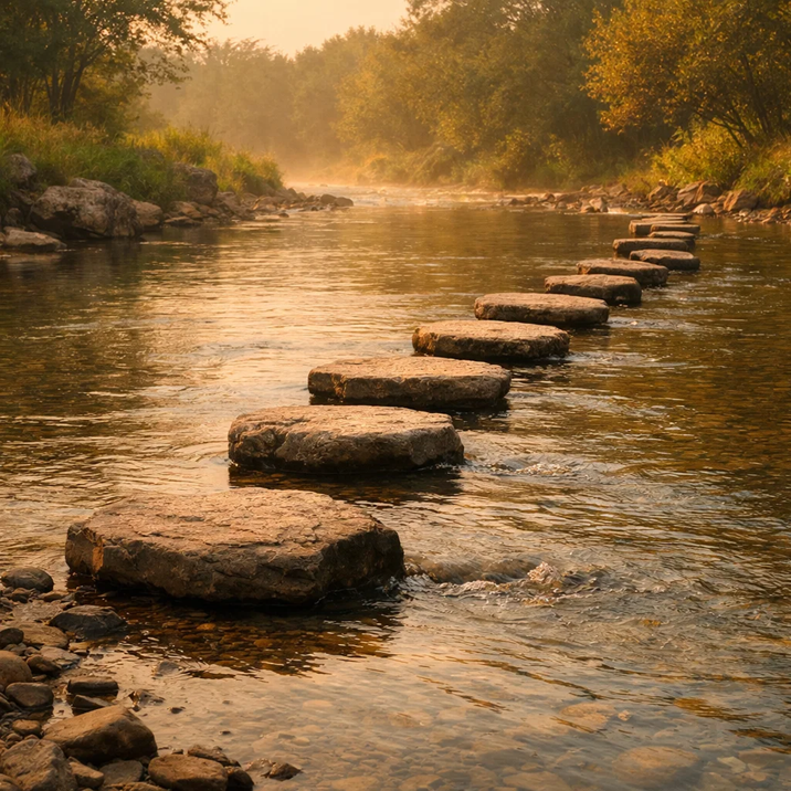 Stepping stones across a calm river representing gradual progress and a step by step approach to affiliate marketing
