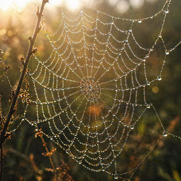 Close-up of a spider web covered in dew drops connecting each strand in warm morning light, representing internal linking and content structure