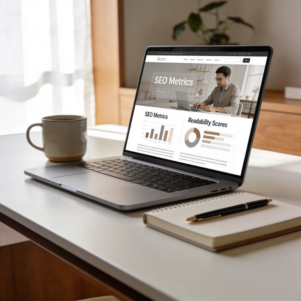 Modern laptop displaying SEO metrics and readability charts beside a notebook and coffee cup on a clean desk