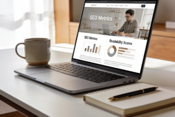Modern laptop displaying SEO metrics and readability charts beside a notebook and coffee cup on a clean desk