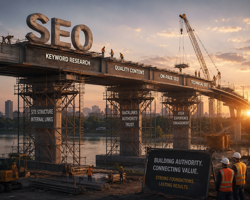 Large bridge under construction at sunset with cranes and workers symbolizing long-term SEO growth and building authority