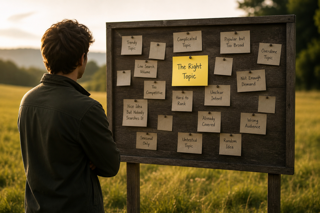 Person standing in a field looking at a board filled with topic ideas, with one highlighted note labeled “The Right Topic”