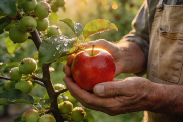 Farmer holding the first ripe apple from a young fruit tree while more fruit continues growing on surrounding branches.
