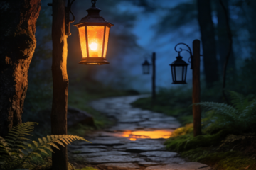 Warm glowing lantern beside a forest path at dusk with dim lanterns fading into the distance symbolizing reconnecting with inactive subscribers