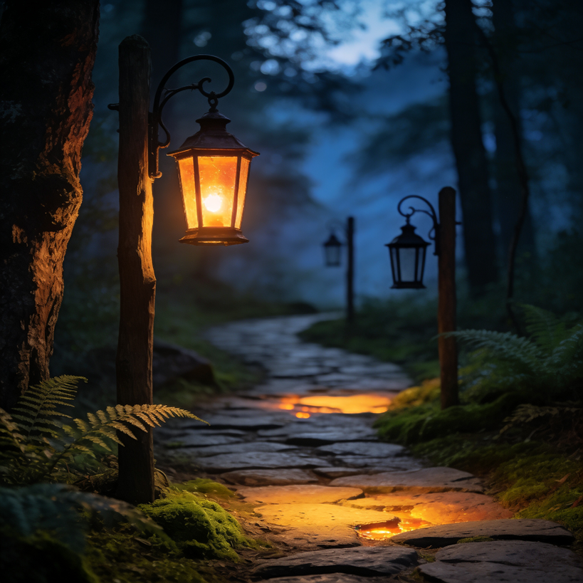 Warm glowing lantern beside a forest path at dusk with dim lanterns fading into the distance symbolizing reconnecting with inactive subscribers