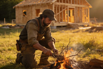 Person building a campfire in front of an unfinished wooden cabin at sunset, symbolizing starting an online business before building a full website