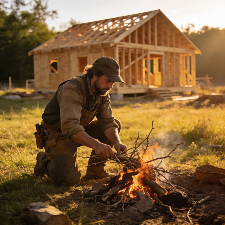 Person building a campfire in front of an unfinished wooden cabin at sunset, symbolizing starting an online business before building a full website