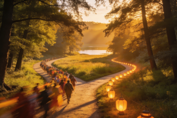 Two forest paths at sunset, one crowded with moving people and the other lined with glowing lanterns, symbolizing social media attention versus email relationships