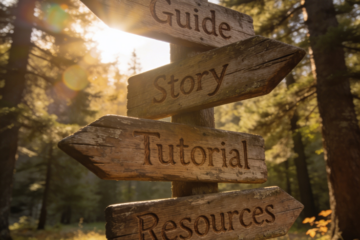 Wooden forest signposts labeled Guide, Story, Tutorial, and Resources symbolizing different affiliate marketing content approaches