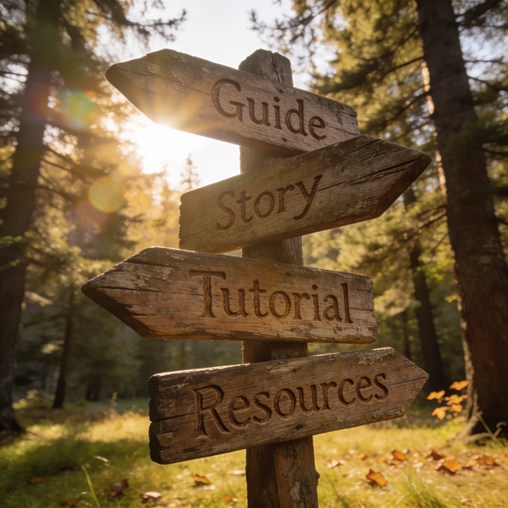 Wooden forest signposts labeled Guide, Story, Tutorial, and Resources symbolizing different affiliate marketing content approaches
