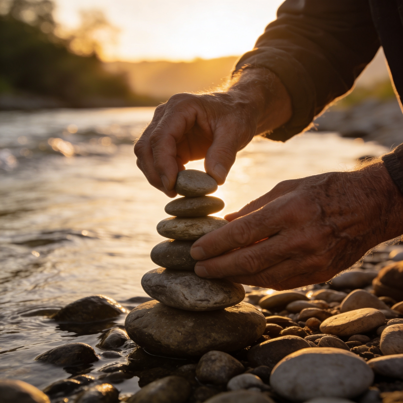 Hands carefully stacking smooth stones beside a river at sunset symbolizing authority and trust built gradually over time