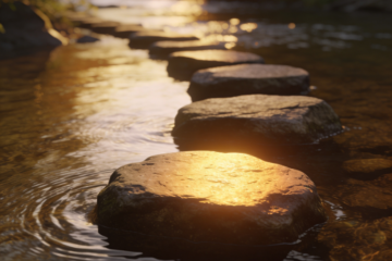 Glowing stepping stone in a calm river at sunset symbolizing a clear trusted next step in email marketing