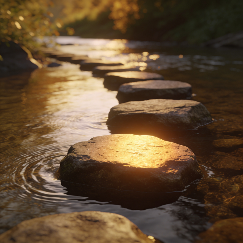 Glowing stepping stone in a calm river at sunset symbolizing a clear trusted next step in email marketing
