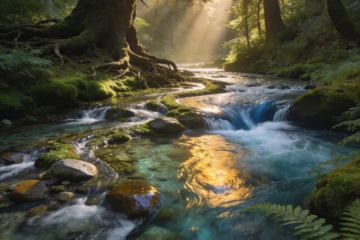 Forest streams flowing together into a larger river with sunlight shining through trees, symbolizing connected content and SEO structure