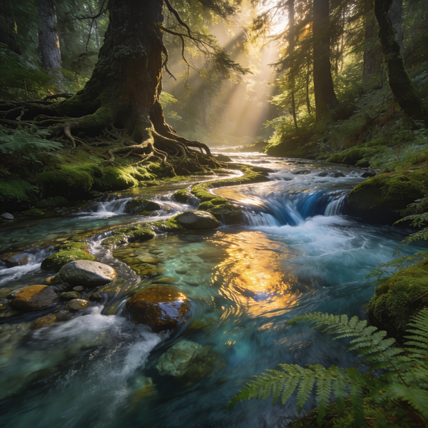 Forest streams flowing together into a larger river with sunlight shining through trees, symbolizing connected content and SEO structure