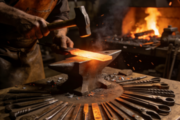 Blacksmith forging glowing metal into multiple tools in a workshop symbolizing turning one idea into many forms of content