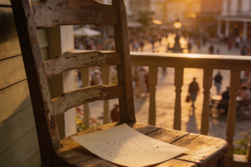 Handwritten letter resting on a wooden chair overlooking a busy town square at sunset.