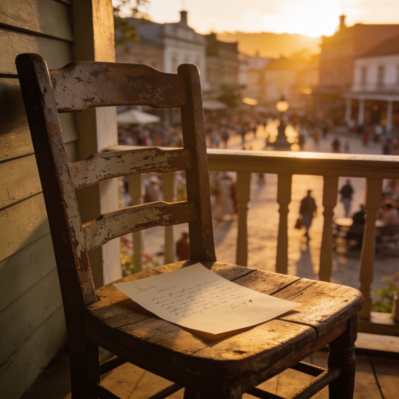 Handwritten letter resting on a wooden chair overlooking a busy town square at sunset.
