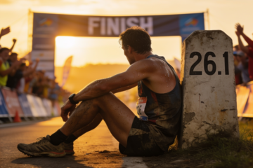 Exhausted marathon runner sitting beside a marker showing 26.1 while the finish line stands just behind him.