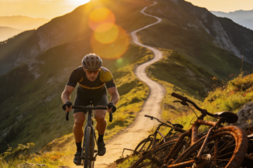 Cyclist climbing a steep mountain road while abandoned bicycles sit beside the trail, symbolizing persistence and overcoming common blogging mistakes.