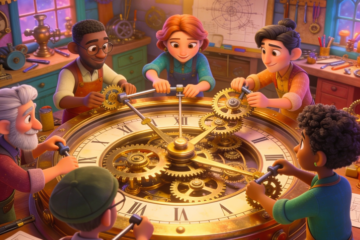 A group of people working together to assemble a giant clockwork mechanism, symbolizing a sustainable content system built through consistent effort and teamwork.