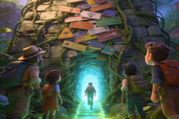 A group of explorers standing before a glowing doorway surrounded by misleading directional signs, symbolizing navigating through SEO myths to find the right path.