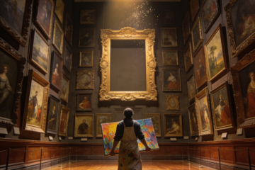 Artist carrying a colorful painting toward a single empty frame in a gallery full of artwork, symbolizing discovering a missing content opportunity.