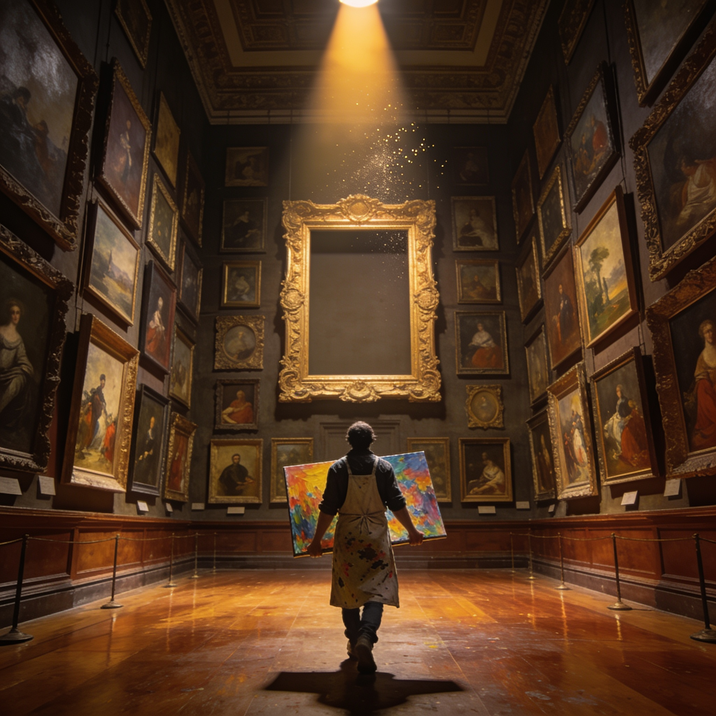 Artist carrying a colorful painting toward a single empty frame in a gallery full of artwork, symbolizing discovering a missing content opportunity.
