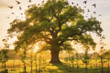 Large mature oak tree surrounded by young saplings while birds gather in the branches at sunset.