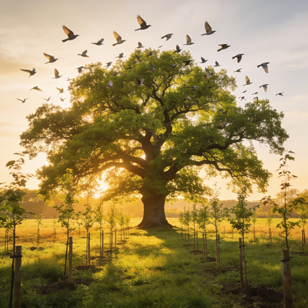 Large mature oak tree surrounded by young saplings while birds gather in the branches at sunset.