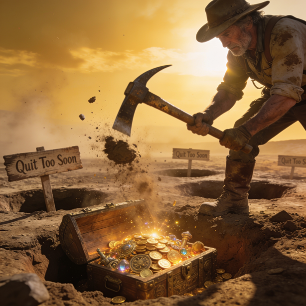 Treasure hunter uncovering a chest of gold after digging while abandoned holes marked "Quit Too Soon" surround him.
