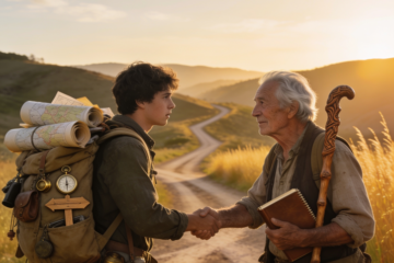 An older traveler shaking hands with his younger self on a country road at sunrise, symbolizing lessons learned and wisdom gained through experience.