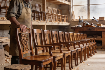 Experienced furniture craftsman standing beside a row of progressively better handmade wooden chairs in a workshop, symbolizing years of learning, improvement, and continuous growth in business.